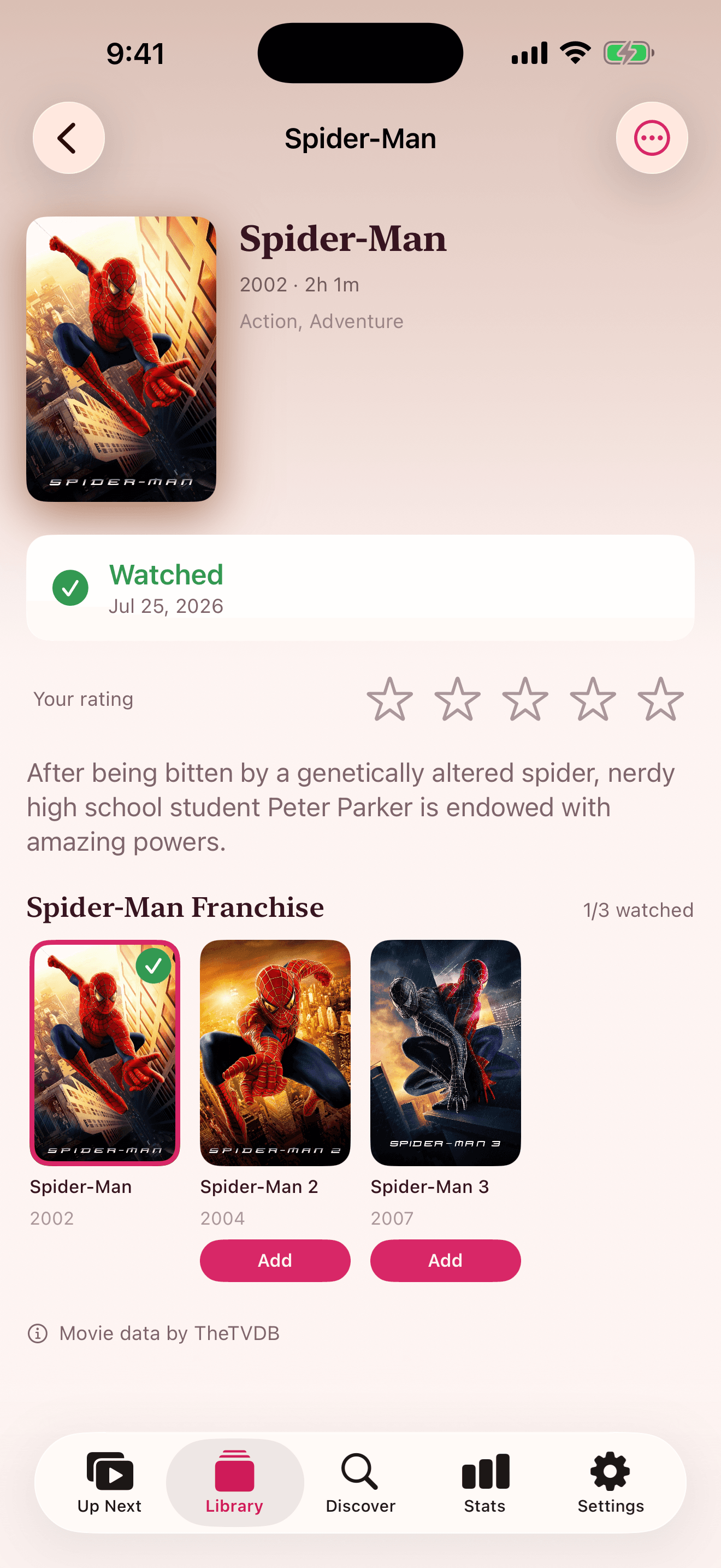 NextEp movie detail with trailer button and franchise row